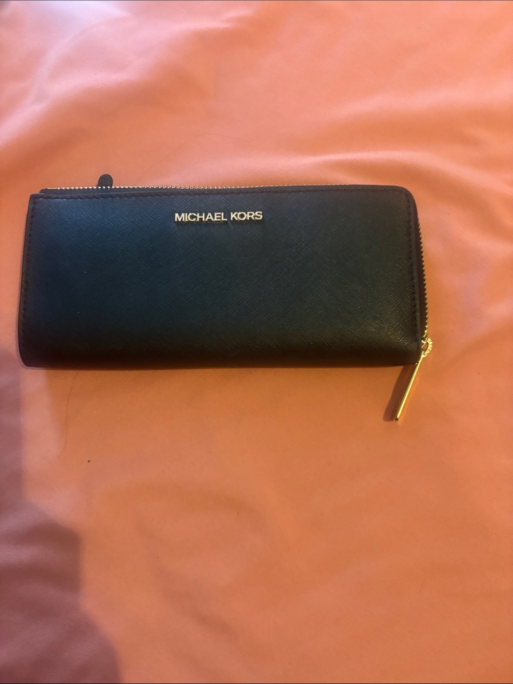 Michael Kors Black Leather Zip Wallet with Gold Hardware